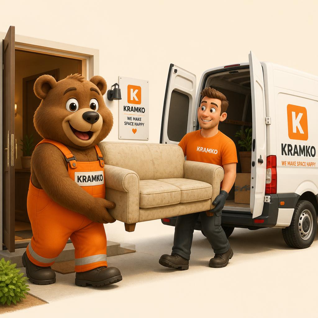 Medo Maks in pomočnik nosita star kavč iz hiše proti KRAMKO kombiju
